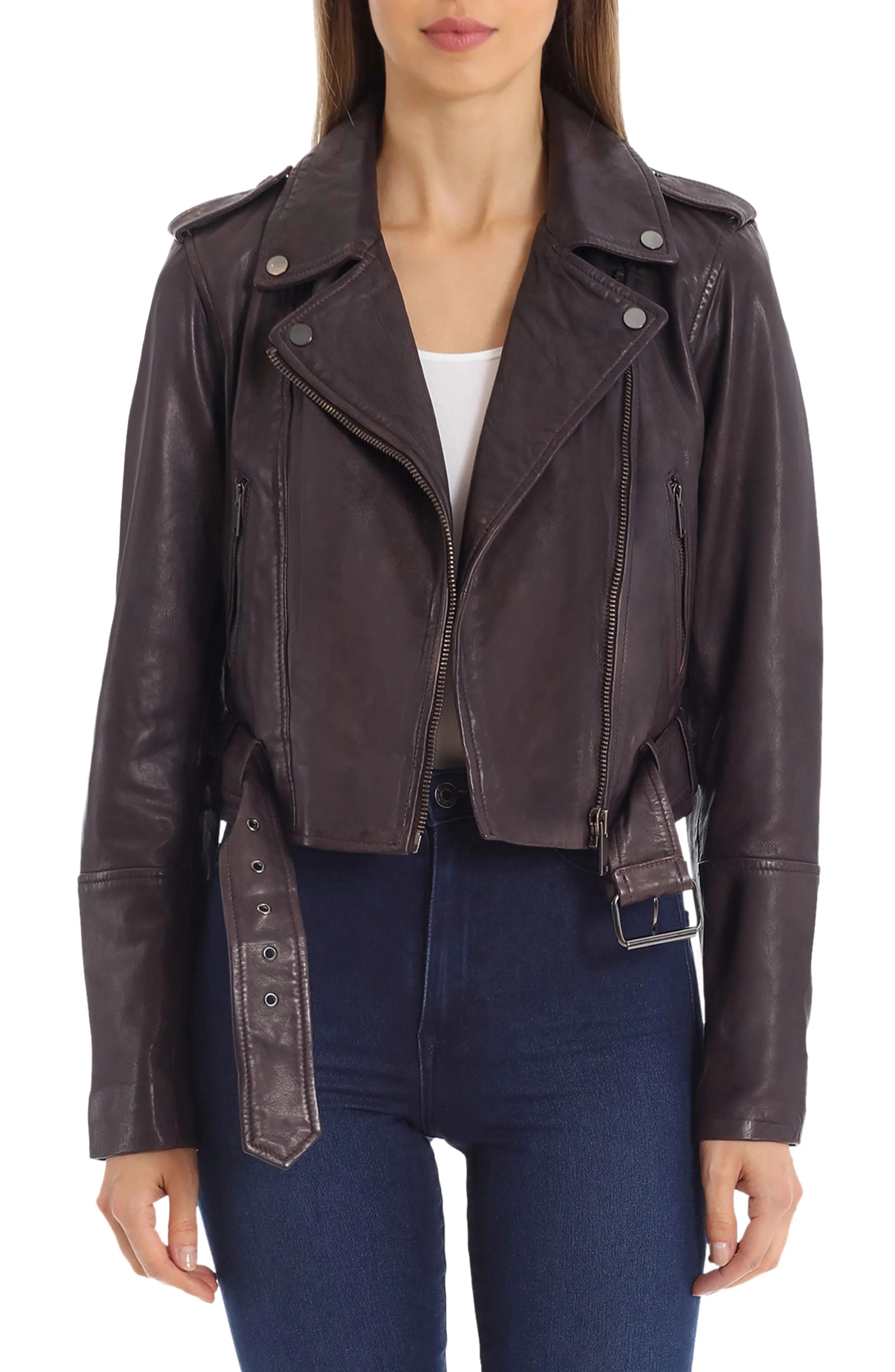 Women's Avec Les Filles Belted Leather Biker Jacket, Size X-Small - Burgundy | Nordstrom