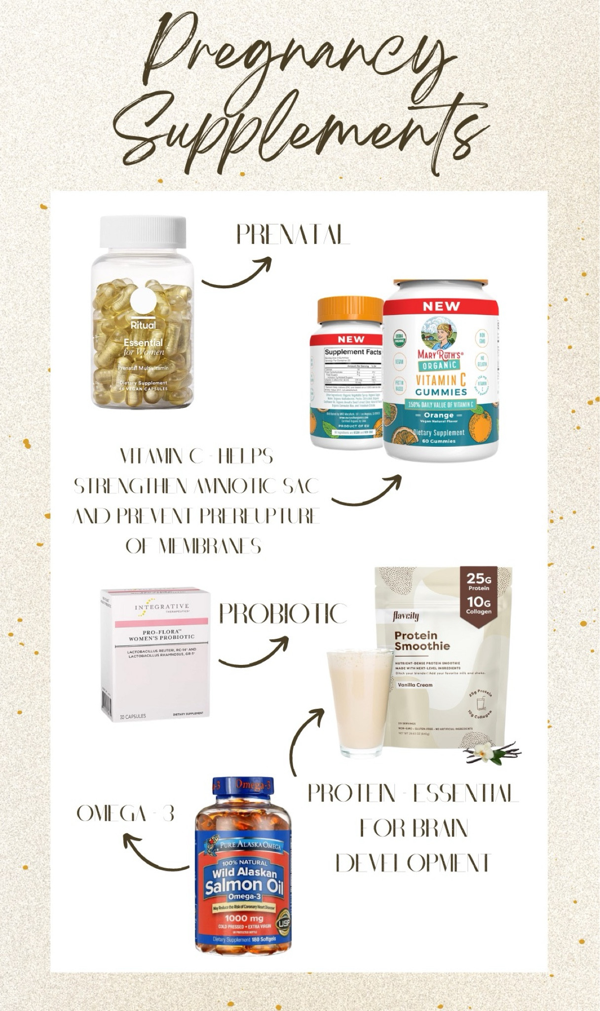 Supplements I’m taking during pregnancy! 1. Prenatal with Folate 2. Vitamin C which helps strengthen the amniotic sac and prevent pre-rupture of membranes 3. Probiotic for gut health 4. Protein which is essential to brain development (and to make sure I’m getting enough grams per day) and 5. Omega- 3s (because I do not eat seafood)

Pregnancy, supplements, Amazon, Walmart, pregnancy health 

#LTKfindsunder50 #LTKbaby #LTKbump