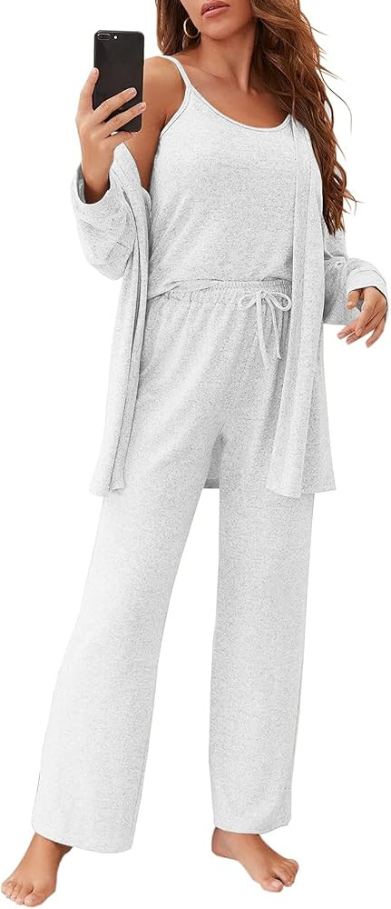 Fessceruna Womens 3 Piece Pajama Set Cami Tank Top Wide Leg Pants and Cardigan Loungewear Lounge ... | Amazon (US)