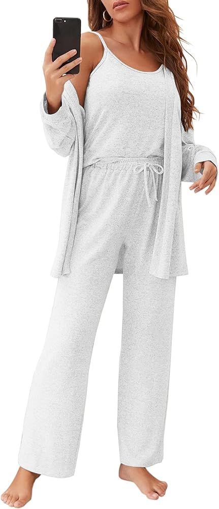 Fessceruna Womens 3 Piece Lounge Pajamas Set Cami Vest Wide Leg Pants and Cardigan Loungewear Nig... | Amazon (US)