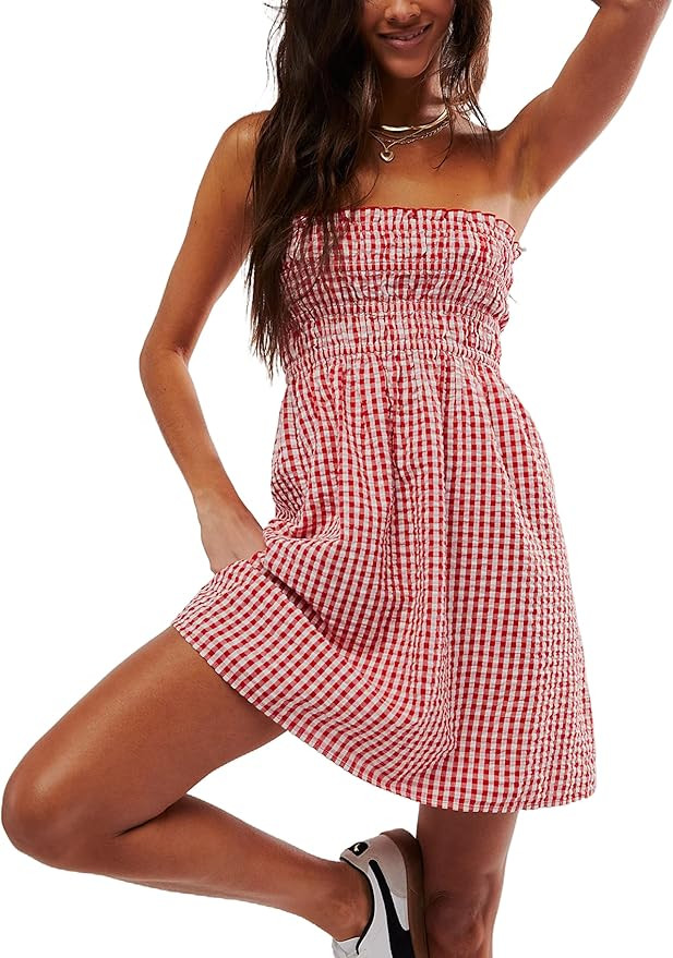 Women Smocked Gingham Tube Dress Y2k Strapless Bandeau Mini Dress Flowy Sleeveless Off Shoulder P... | Amazon (US)