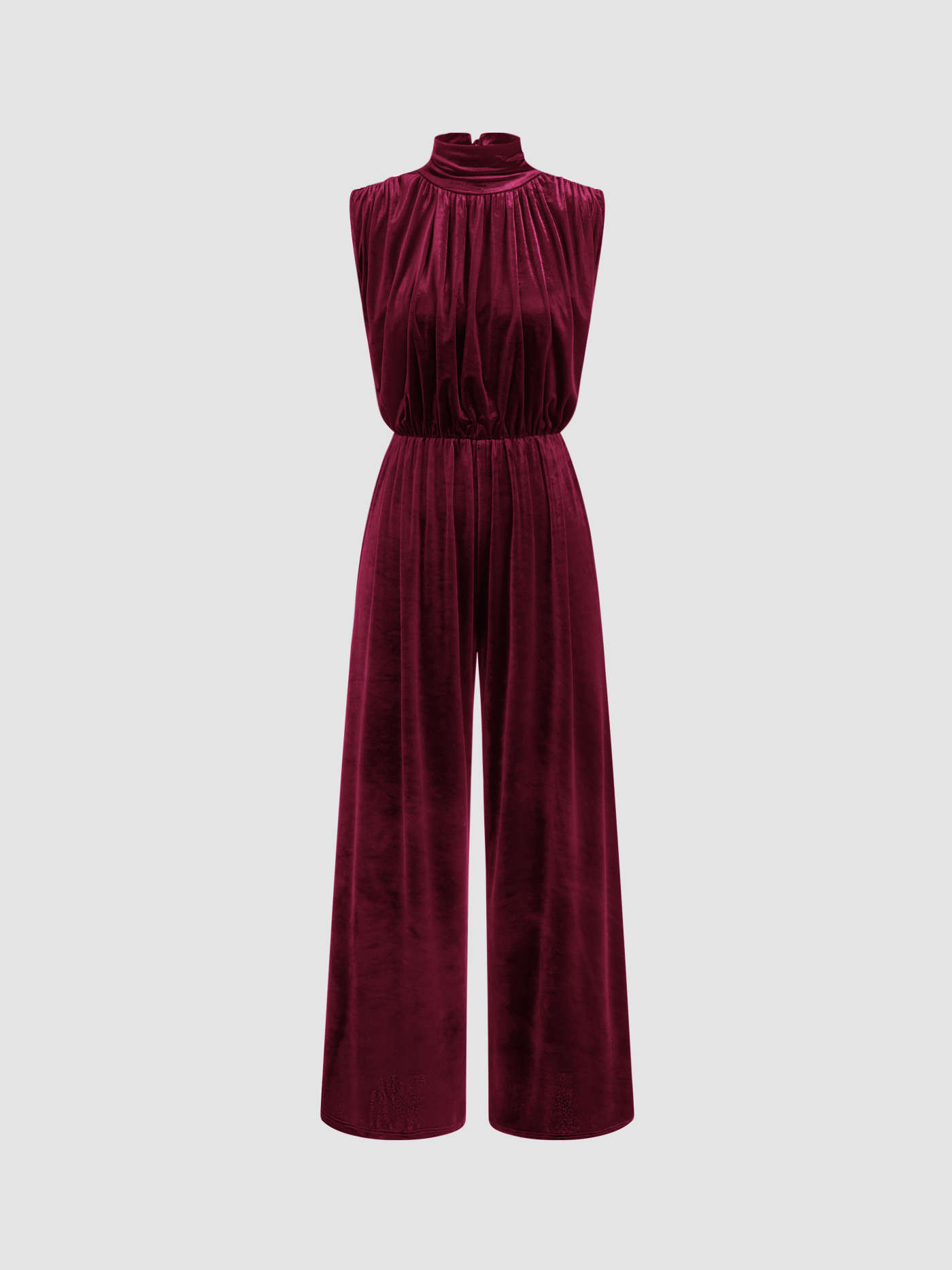 Velvet High Neck Ruched Zipper Wide Leg Jumpsuit | Cider