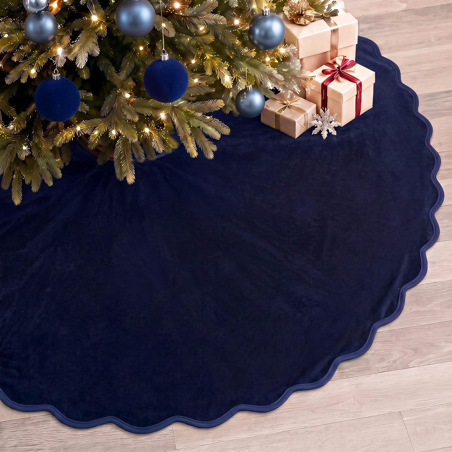 RoundFunny Navy Blue Christmas Tree Skirt Velvet Tree Skirts, 48 Inch | Amazon (US)