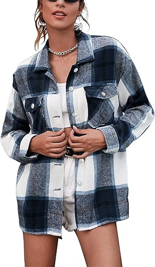 UANEO Womens Casual Plaid Wool Blend Button Down Long Sleeve Shirt Jacket Shackets | Amazon (US)