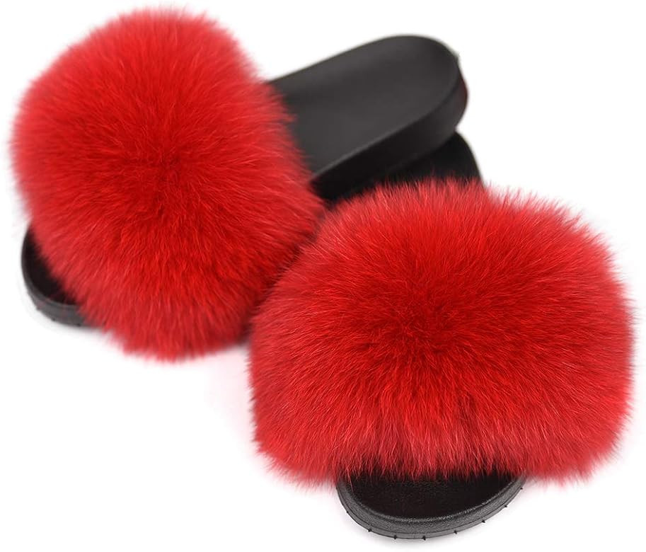 Real Fox Fur Slides for Women - Furry Slides Fluffy Fur Slippers Open Toe Flat Slides Fur Sandals Ou | Amazon (US)