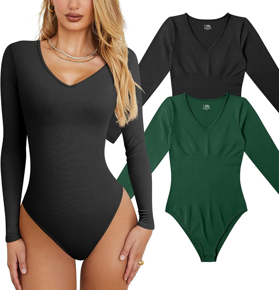 OQQ Women's 2 Piece Bodysuits Sexy Ribbed T Shirt One Piece V Neck Long Sleeve Bodysuits | Amazon (US)