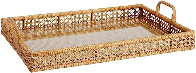 Large Round/Rectangle Rattan Serving Tray with Handles, Ottoman Tray for Living Room|Wicker Coffe... | Amazon (US)