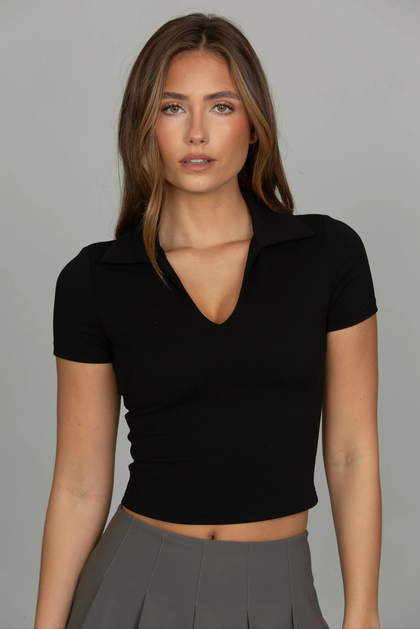 Black Preppy V-Neck Polo Top | Gold Hinge