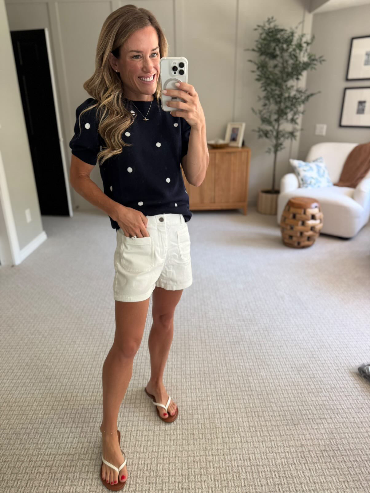 Polka dot blouse

White shorts sandals Amazon finds Amazon fashion summer outfit mom style casual