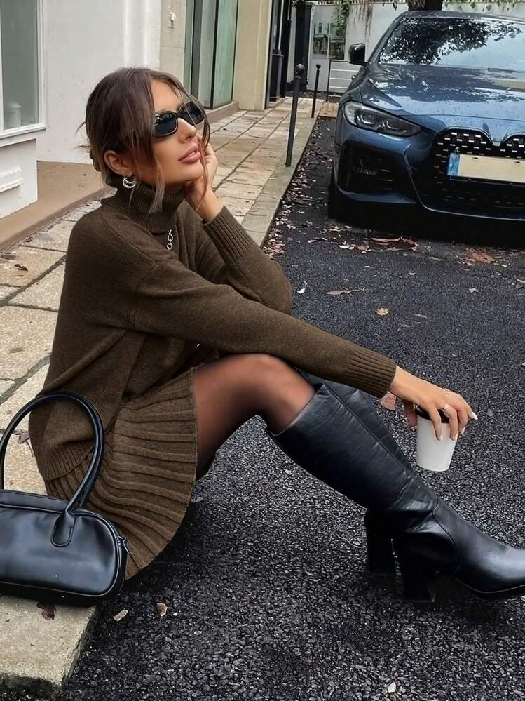 EMERY ROSE Women's Autumn/Winter Solid Turtleneck Drop Shoulder Long Sleeve Sweater And Pleated Knit Skirt 2 Pieces Set Fall Cloth For Women | SHEIN