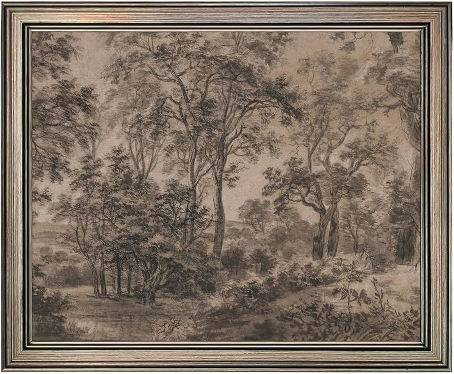 Antique Moody Watercolor Landscape Painting Vintage Framed Neutral Dark Brown Woodland Print Artw... | Amazon (US)