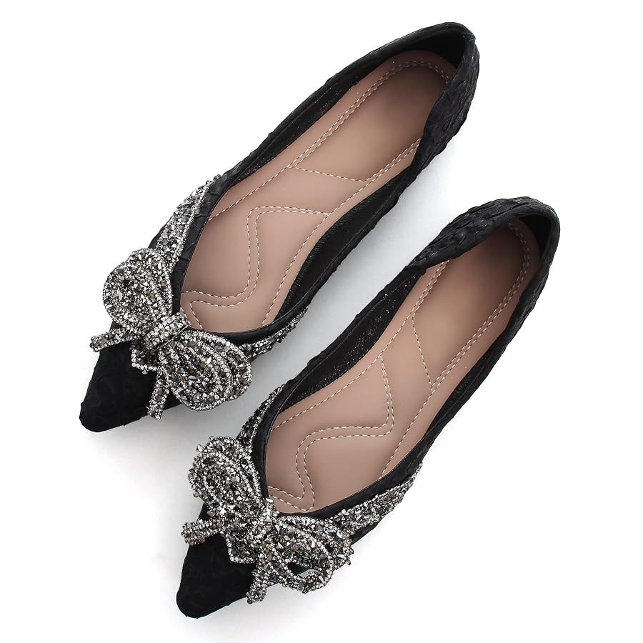 Women's Rhinestone Flats Elegant Bow Knot Glitter Ballet Flats Dress Pearl Wedding Shoes Pointed ... | Amazon (US)