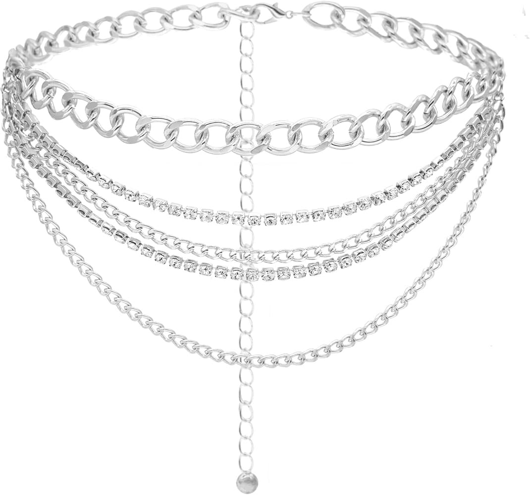 Rhinestone Chain Belt Multilayer Metal Waist Chain for Women Punk Chunky Chain Belts | Amazon (US)