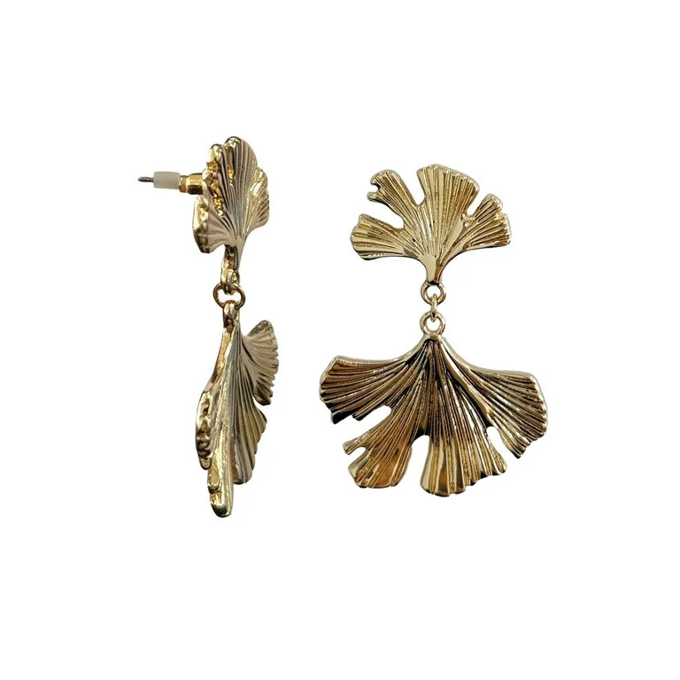 Time and Tru Textured Metal Gingko Leaf Earrings Gold Plated for Female Adults and Teens | Walmart (US)
