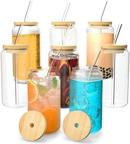 Finew 8pcs Glass Cups with Bamboo Lids and Glass Straws, 16oz Drinking Glasses Can Shaped Glass C... | Amazon (US)
