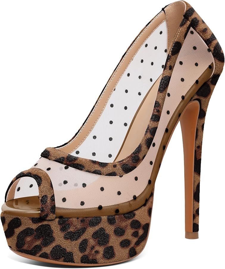 AUMOTED Women's Peep Toe High Heel Platform Stiletto Pumps Slip On Patent Mesh Polka Dot Heels 5.... | Amazon (US)
