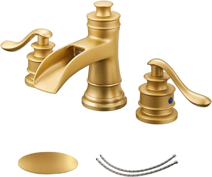 Homevacious Widespread Bathroom Faucet Waterfall Sink Brushed Gold Vanity 3 Hole 2-Handle with Po... | Amazon (US)