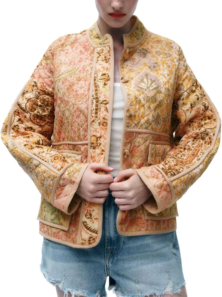 Wyeysyt Women's Cropped Puffer Jacket Lightweight Floral Print Long Sleeve Padded Quilted Puffy C... | Amazon (US)