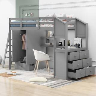 Gray Twin Loft Bed with Wardrobe, 7-Drawers and Attached Desk with Shelves | The Home Depot