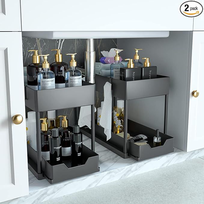 DEKAVA Under Sink Organizer 2 Pack，Bathroom Cabinet Organizer，2 Tier Sliding Cabinet Basket O... | Amazon (US)