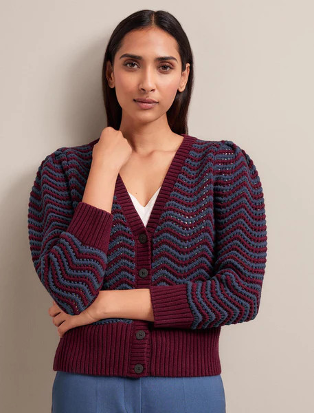 Chloe Cotton Cardigan - Burgundy Denim Blue Stripe | Cefinn
