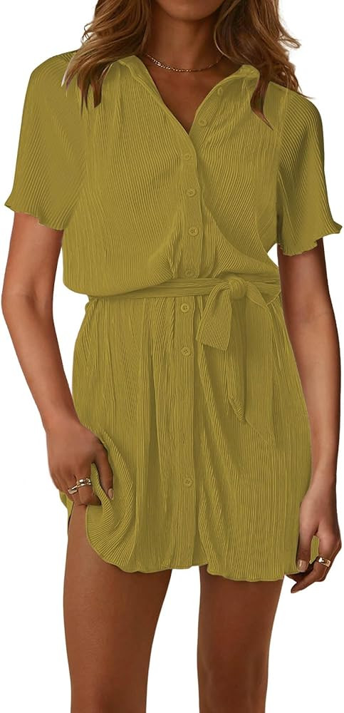 LYANER Women's Collar V Neck Button Down Pleated Short Sleeve Mini Shirt Dress with Belt | Amazon (US)
