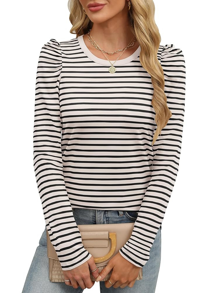 ANRABESS Womens Puff Long Sleeve Shirts Crewneck Fall Tops Basic Dressy Casual Blouses 2025 Trend... | Amazon (US)