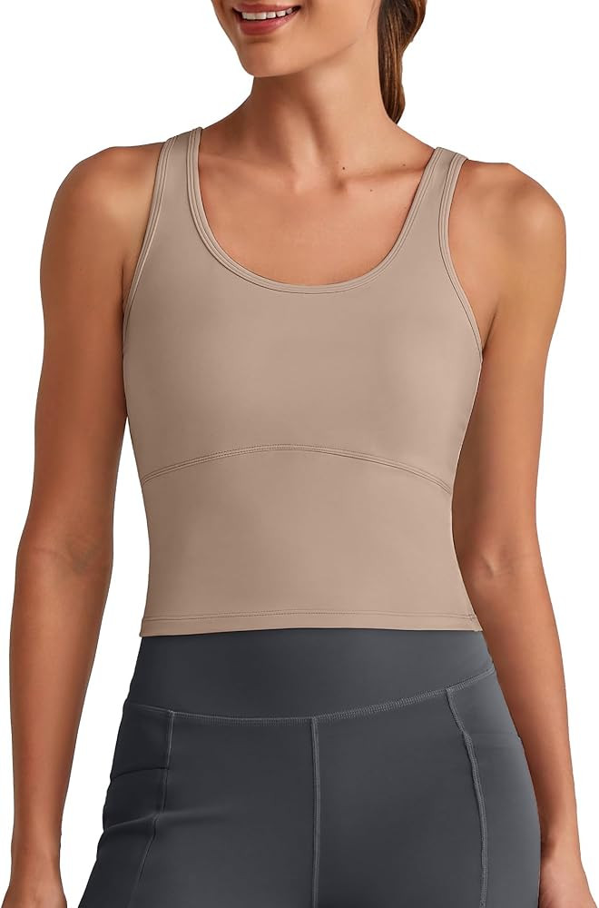 G4Free BareFeel Built in Bra Workout Tank Tops Removable Padded Longline Sports Bras Waist Length... | Amazon (US)