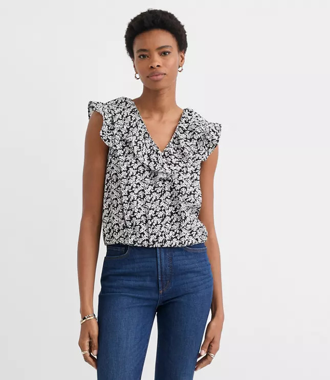Floral Ruffle V-Neck Top | LOFT