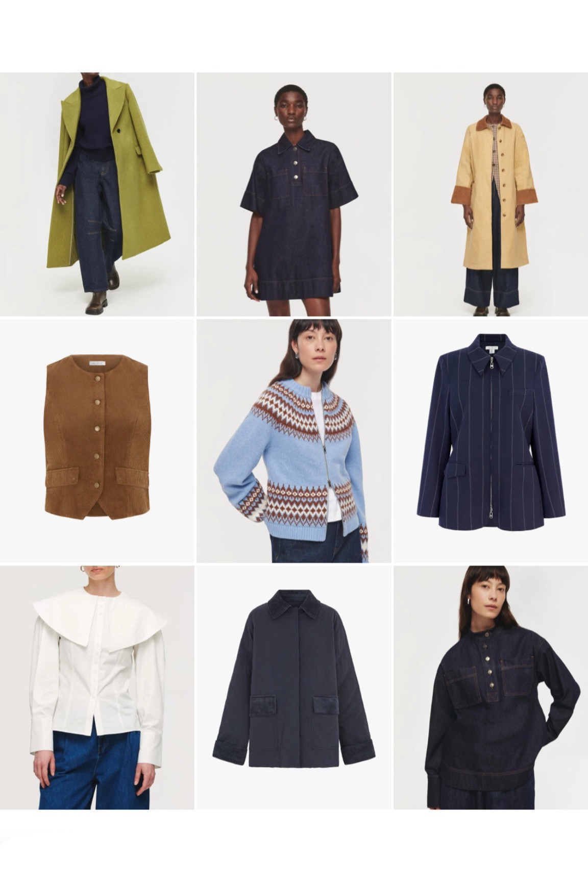 ALIGNE TOP NINE | autumn edit, autumn fashion, autumn outfits, barn jacket, trench coat, green coat, navy jacket, indigo denim, denim dress, denim shirt, waistcoat, corduroy, white shirt, knitwear, blue knit



#LTKeurope #LTKautumn #LTKuk