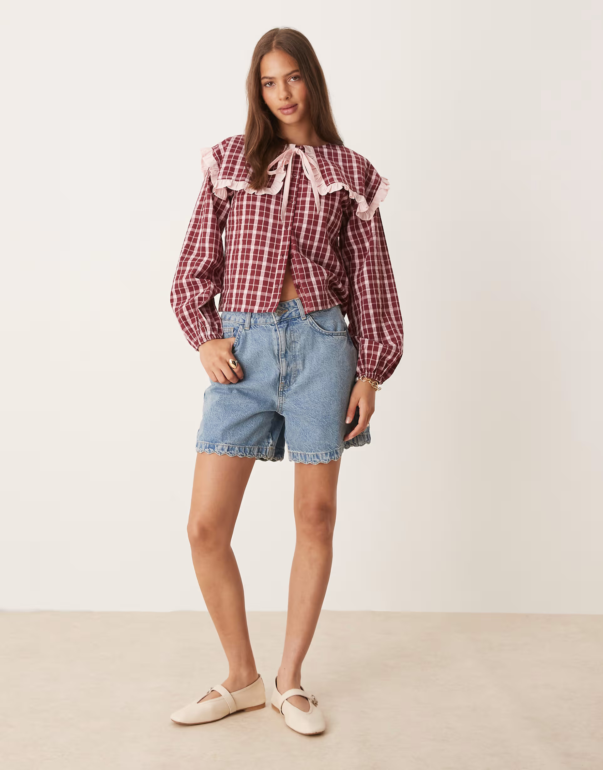 Neon Rose textured plaid print blouse in burgundy and pink | ASOS (Global)
