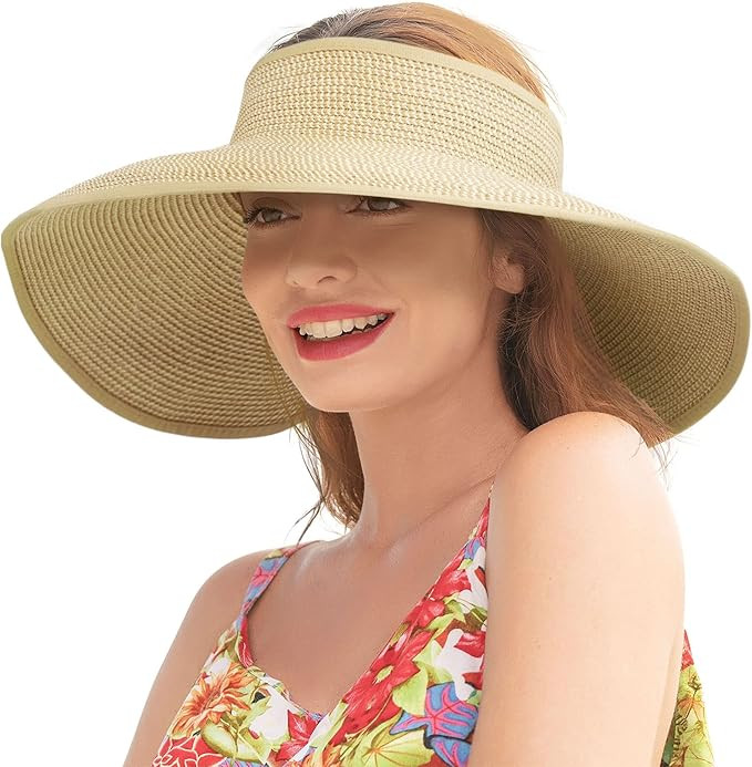 Sun Visors for Women Wide Brim Straw Hat Women Beach Visor Hats for Women Uv Protection Foldable ... | Amazon (US)