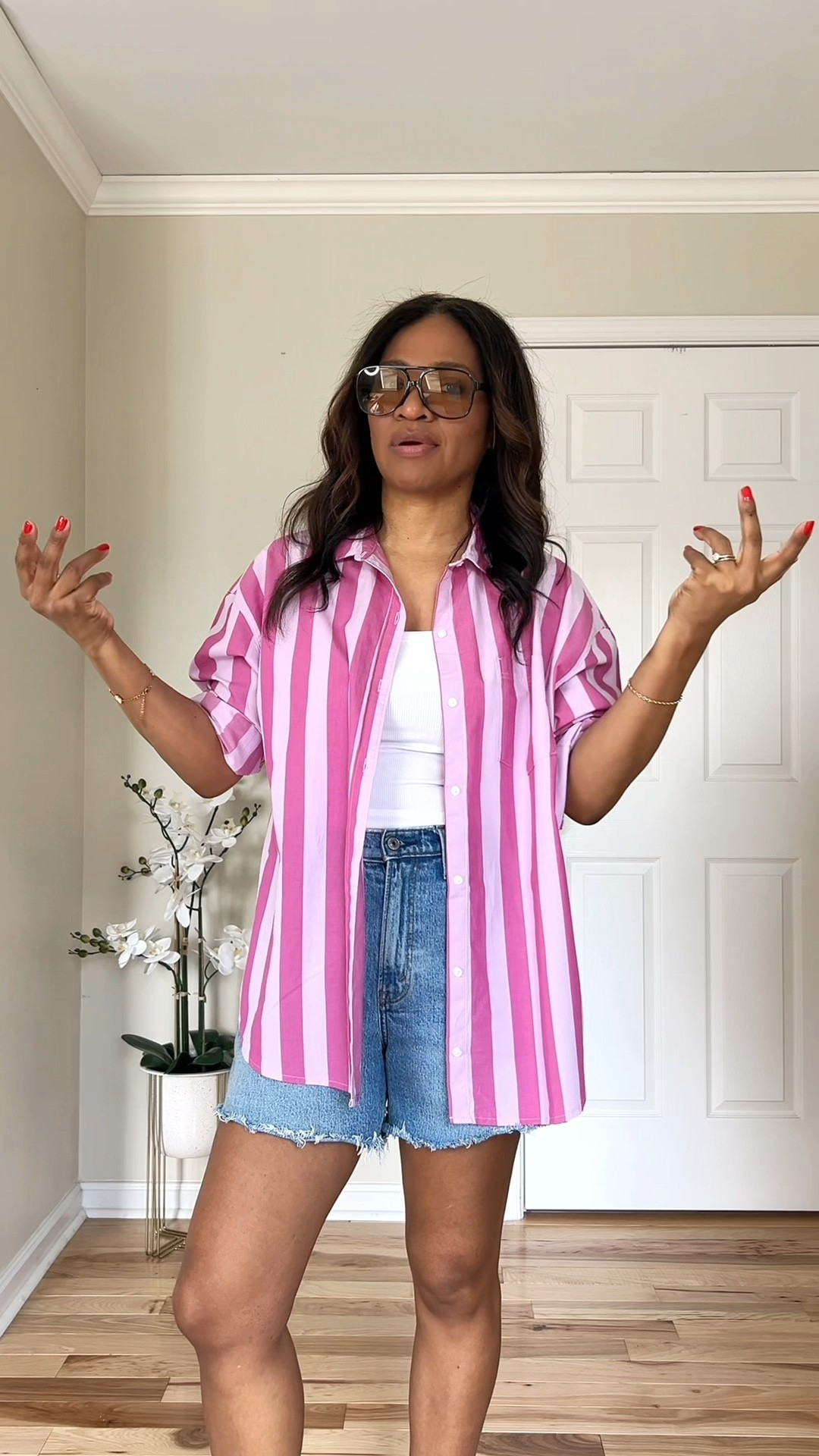  I sized up to a medium in this button down striped shirt but a small probably would have worked a bit better since it’s already pretty oversized. Wearing a small in my Amazon tank top. Wearing a size 27 in the curve love denim Dad shorts. ￼

#ltkgrwm #ltkootd #ltkover40