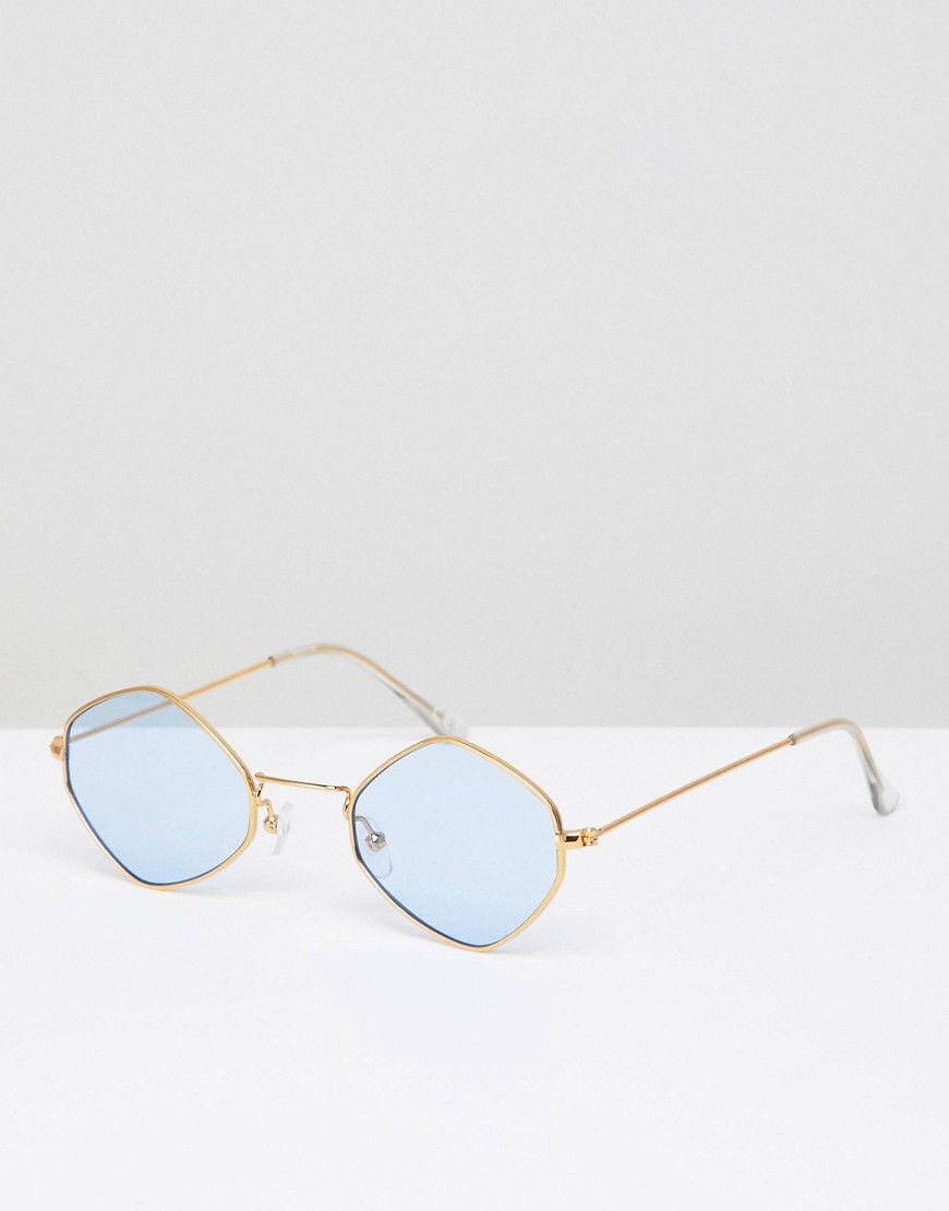 ASOS DESIGN Diamond Frame Sunglasses In Gold With Blue Lens - Gold | ASOS UK