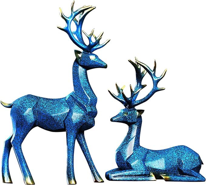 TOCLIU Christmas Reindeer Figurines, 2PCS Blue Deer Seated & Standing Elegant Craft Deer Animal D... | Amazon (US)