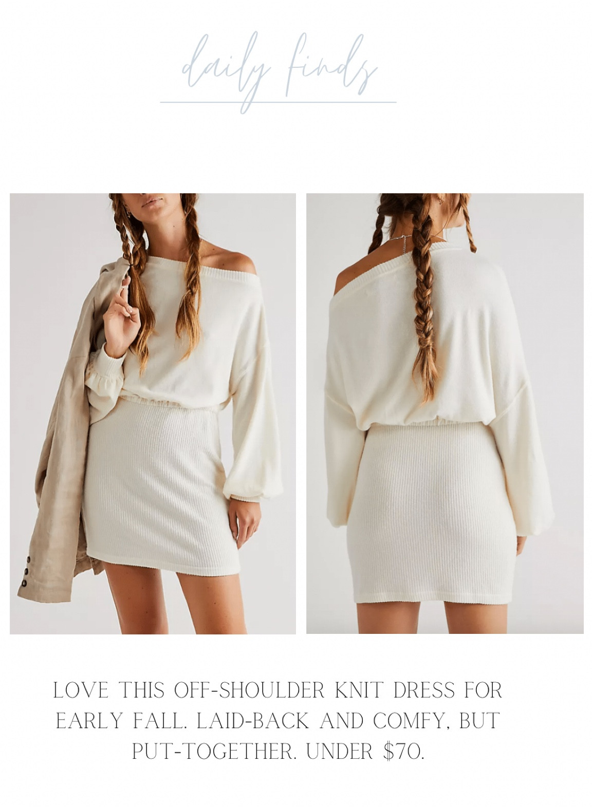 Off shoulder knit dress. Perfect for early fall. Comes in tons of colors!