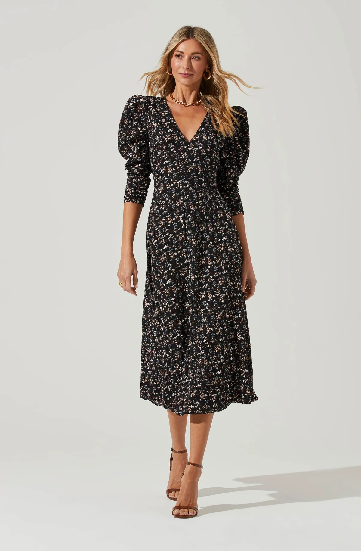 Puff Sleeve V Neck Back Cutout Midi Dress | ASTR The Label (US)