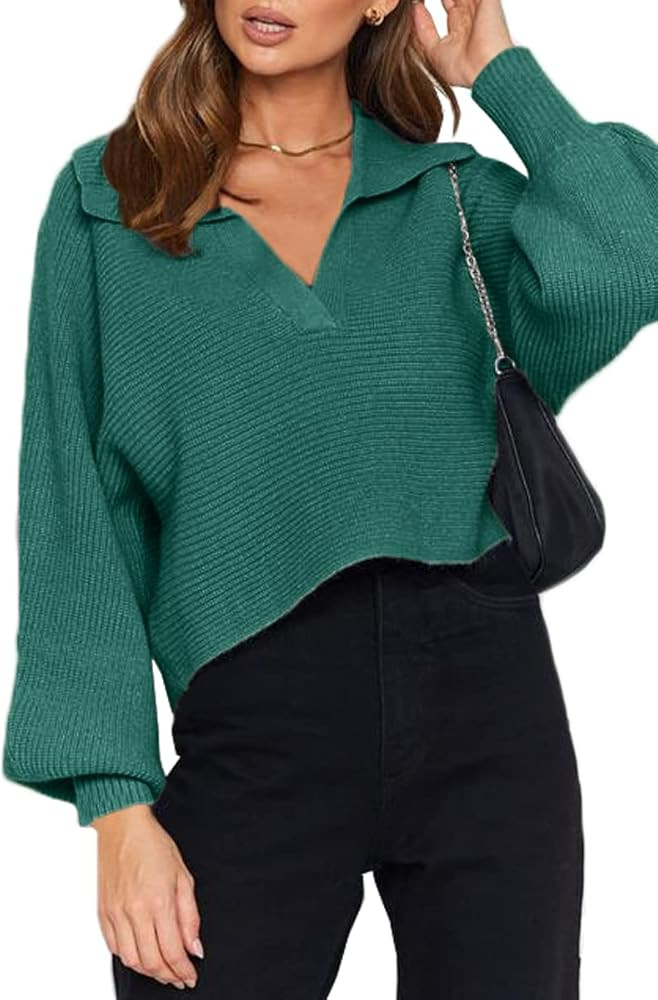 CHYRII Women Overized Puff Long Sleeve V Neck Knitted Polo Pullover Sweater Jumper Tops | Amazon (US)
