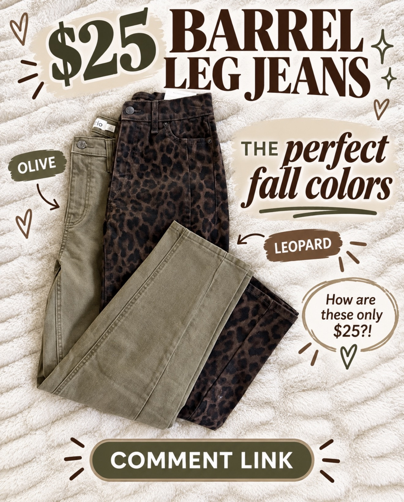 $25 barrel-leg jeans in olive AND leopard?! These are the perfect fun fall colors—and they look way more expensive than they are 👀 Comment LINK and I’ll send them over! 🤎

#LTKOver40 #LTKSeasonal #LTKootd