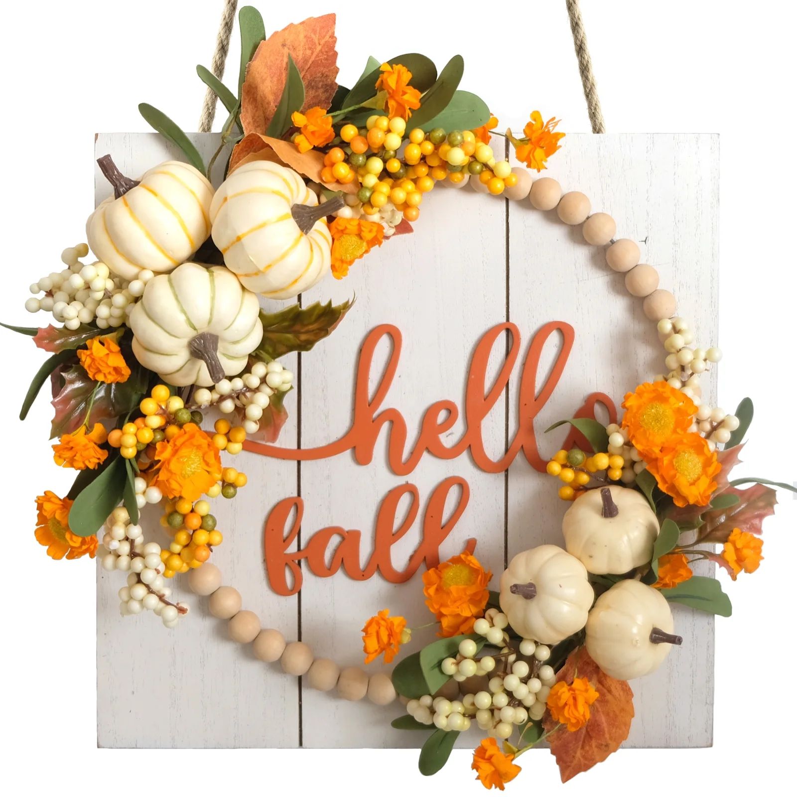 Idyllic Hello Fall Sign wreath for Front Door, Pumpkin and Berries Wreath for Farmhouse Wall Outd... | Walmart (US)