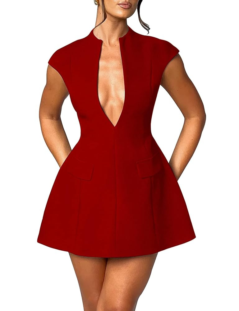 LuFeng Women's Summer Sexy Cap Sleeve Deep V Neck Zipper A-line Mini Dress Hollow Bodycon Night O... | Amazon (US)