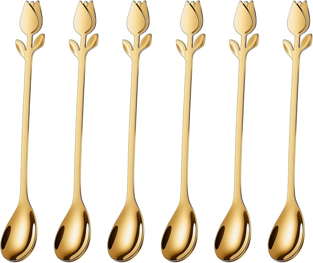 Gold Tulip/Rose Handle Tea Spoons 6-Pcs Set - 6" Stainless Steel for Mini Coffee Spoons, Espresso... | Amazon (US)