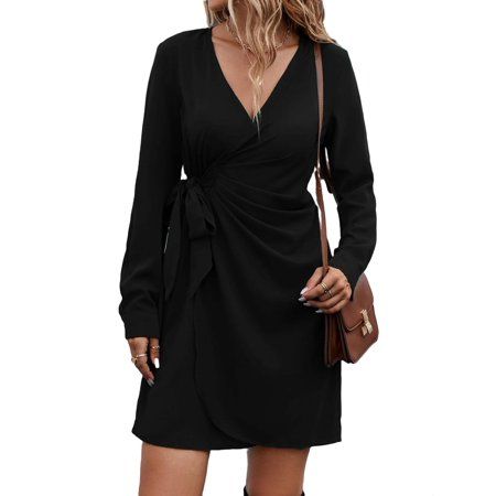 Elegant Plain V neck Long Sleeve A Line Dress Women s Dresses | Walmart (US)