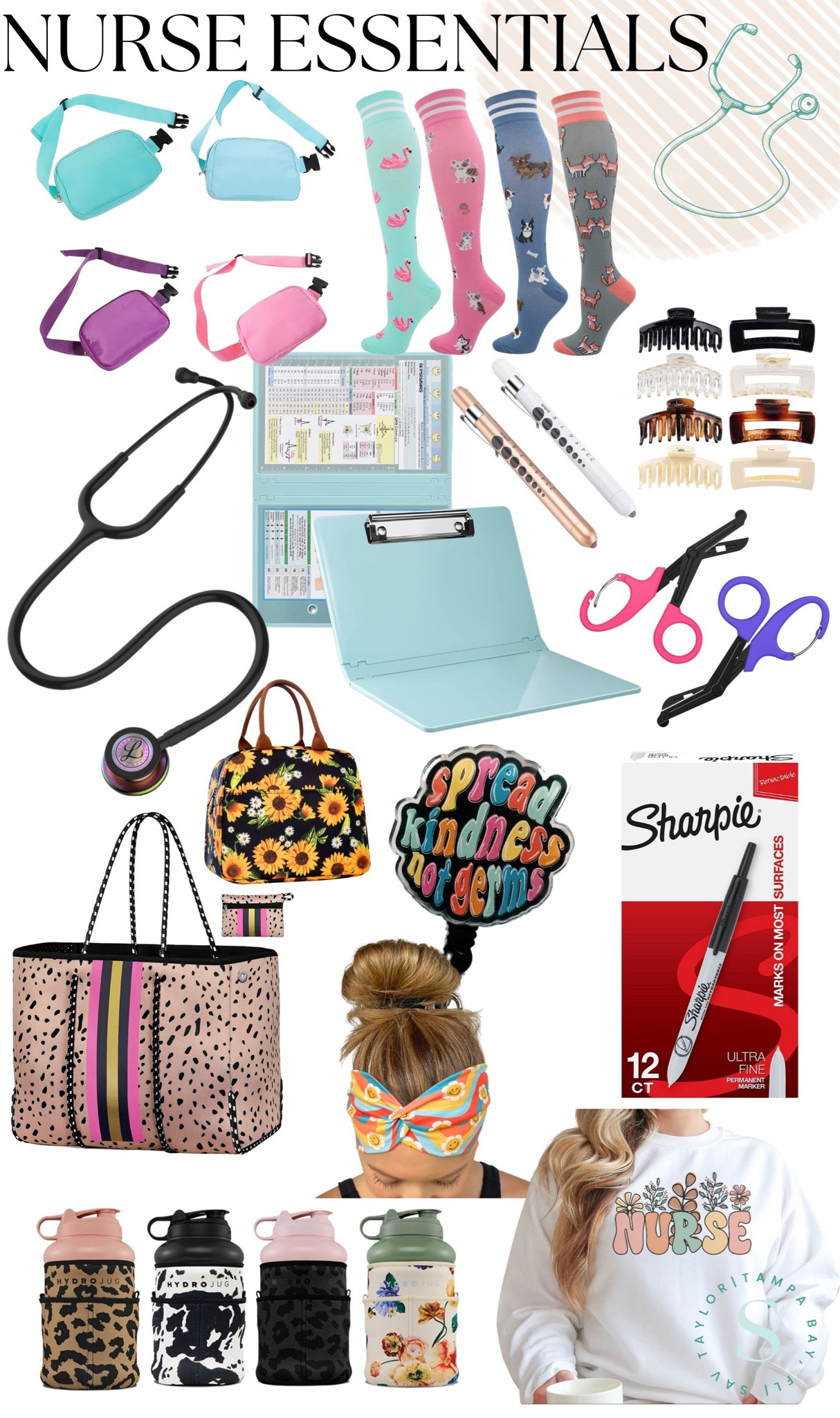 Gift Guide for Her - Nurse Essentials
••• Everything I bring with me to my nursing shifts! These are great gifts for nurses of any kind, nursing students, etc. 
new grads, ER nurse, badge reel, belt bag, stethoscope, neoprene bag, headband, compression socks. #workessentials #workaccessories #nurse #crewneck #giftsforhim #nursingstudentgifts 

#LTKworkwear #LTKGiftGuide #LTKHoliday