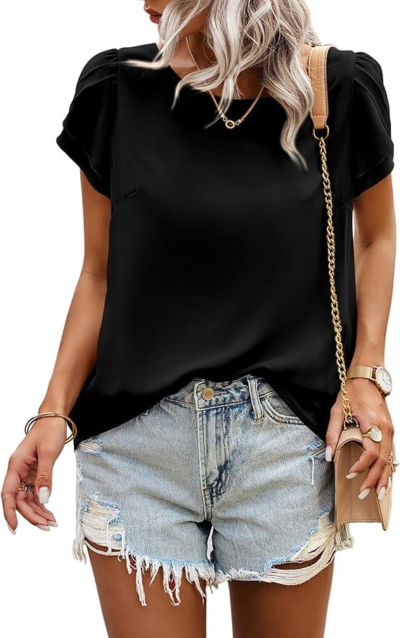 KIRUNDO Womens Tops 2025 Spring Fashion Ruffle Short Sleeve Casual Dressy Blouses Summer Clothes ... | Amazon (US)