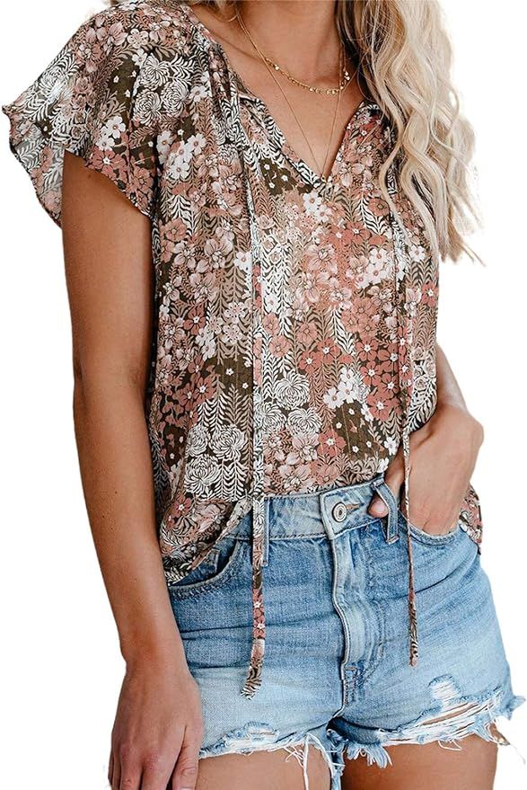 FARYSAYS Women's Casual Boho Floral Print V Neck Short Sleeve Shirts Tops Loose Blouses | Amazon (US)