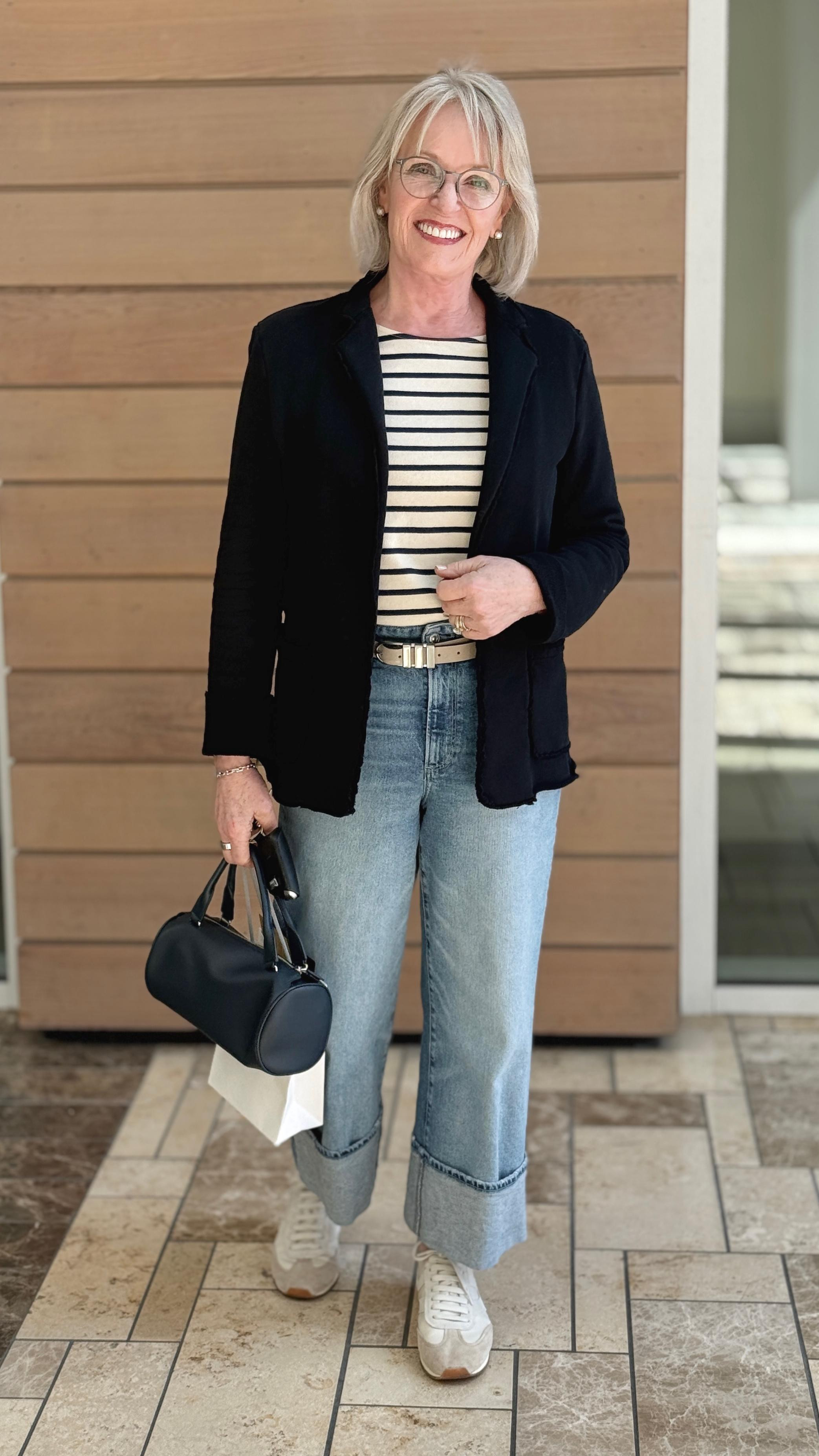 Striped Sezane Marinière top with a comfy Frank and Eileen sweatshirt blazer and wide cuff jeans. 
Wearing a S in blazer
Stripe top size M
Jeans in 29
Casual spring outfit. Ageless style. 


#LTKOver40 #LTKPetite #LTKStyleTip