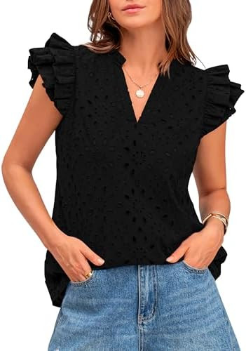 BTFBM Summer Tops for Women 2026 Dressy Casual Embroidered Eyelet Blouses V Neck Ruffle Sleeve Sp... | Amazon (US)