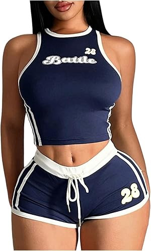WDIRARA Women's 2 Piece Outfit Letter Graphic Crop Tank Mini Shorts Set Tracksuit | Amazon (US)