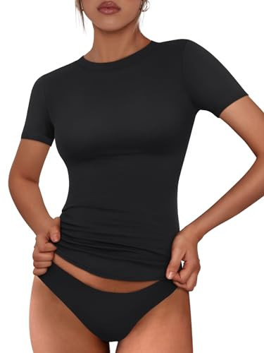 Trendy Queen Womens Summer Short Sleeve Workout Tops Crewneck Tight Solid Color Basic Tees Y2k Clothes Vacation Outfits 2024 Black | Amazon (US)